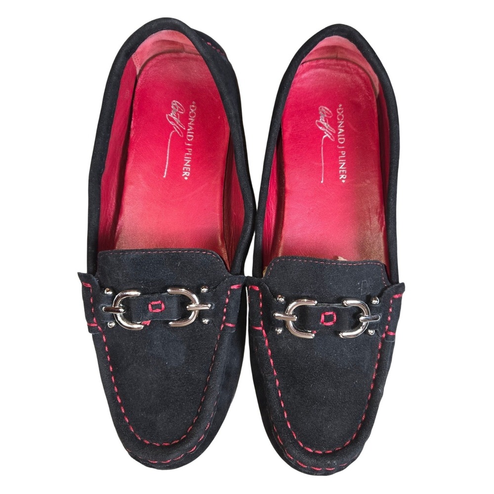 Donald‎ Pliner Black Suede Red Stitch Loafers Moccasins Buckle Detail Women 7.5